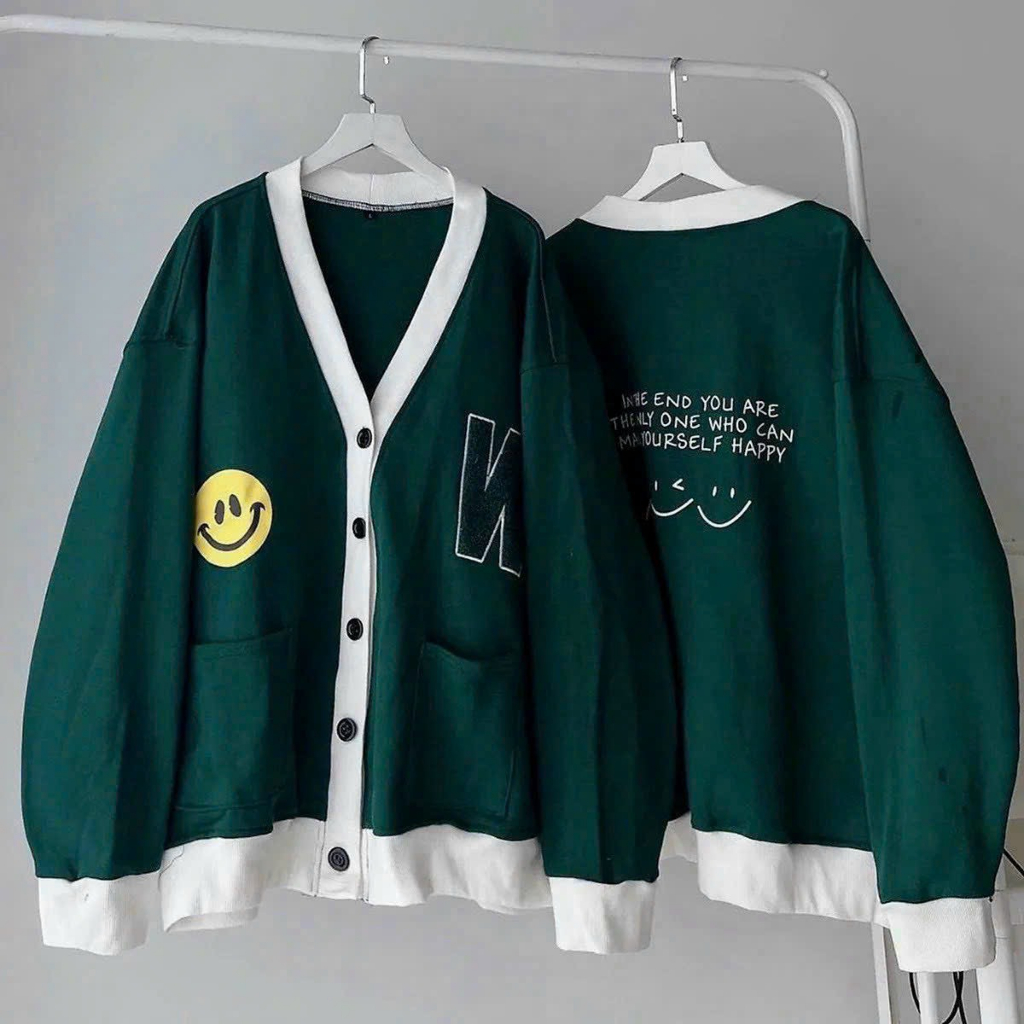 Áo Khoác Cardigan Mặt Cười W Xanh Be Form Rộng nam nữ
