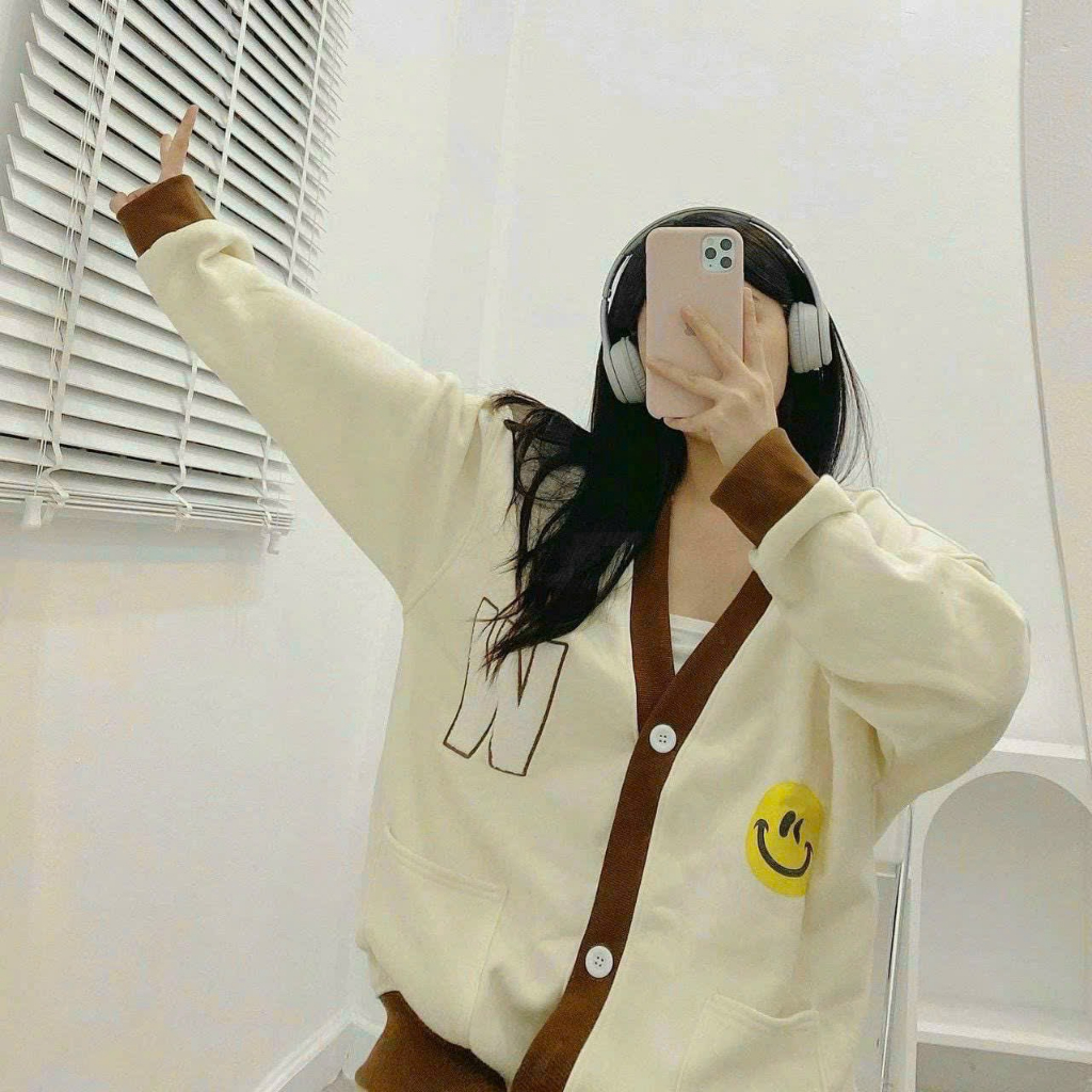 Áo Khoác Cardigan Mặt Cười W Xanh Be Form Rộng nam nữ