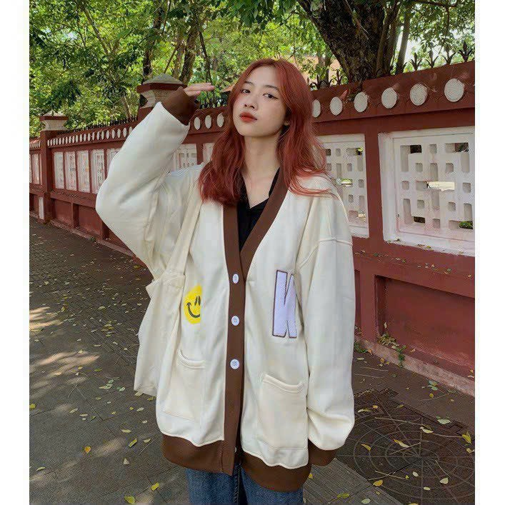 Áo Khoác Cardigan Mặt Cười W Xanh Be Form Rộng nam nữ