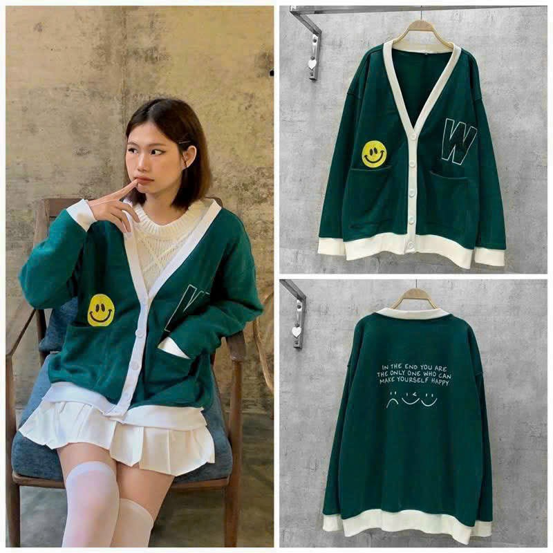 Áo Khoác Cardigan Mặt Cười W Xanh Be Form Rộng nam nữ