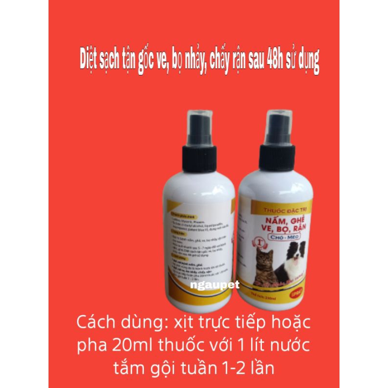 Thuốc xịt trị viêm da chó mèo ghẻ, nấm, ve rận bọ chét chấy rận chai 250ml Ngaupet