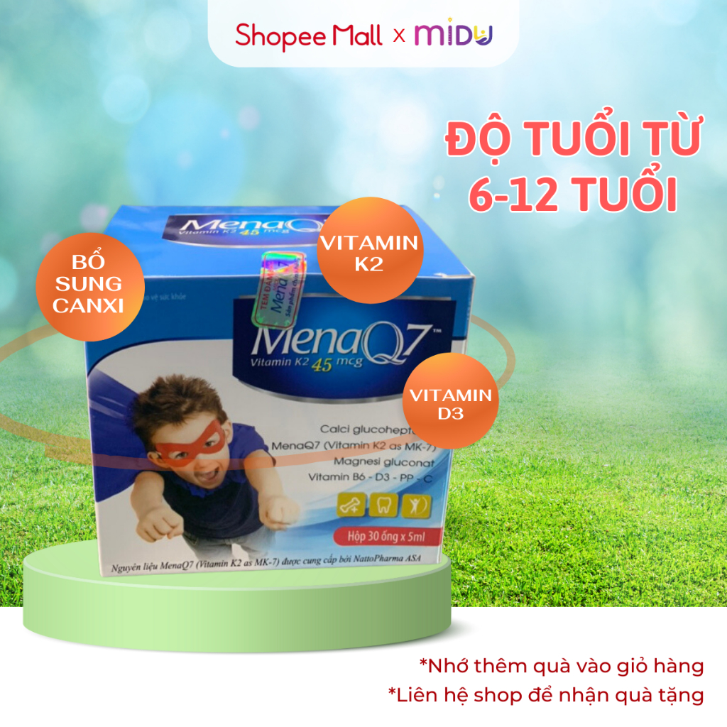 MIDU MENA7 45mcg dạng ống độ tuổi từ 6-12 tuổi bổ sung K2, Calci, D3 hỗ trợ tăng cường hấp thu Calci vào xương cho trẻ