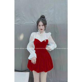 [Hàng Shop] Đầm Nhung Cứng Phối Voan Tơ Cao Cấp Cho Nàng Dự Tiệc Cưới,Đi Chơi Sang Chảnh