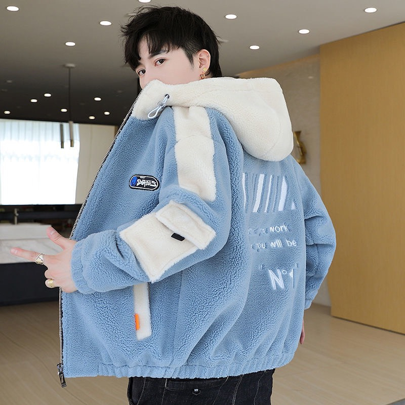 Áo khoác nam thu đông có mũ chất lông cừu phong cách đơn giản