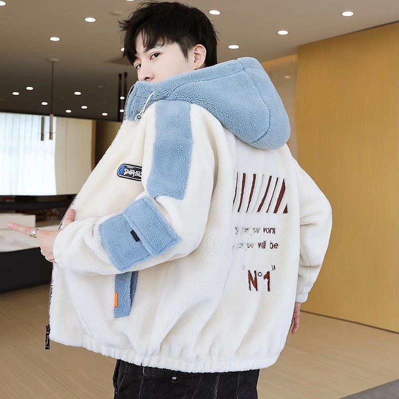 Áo khoác nam thu đông có mũ chất lông cừu phong cách đơn giản