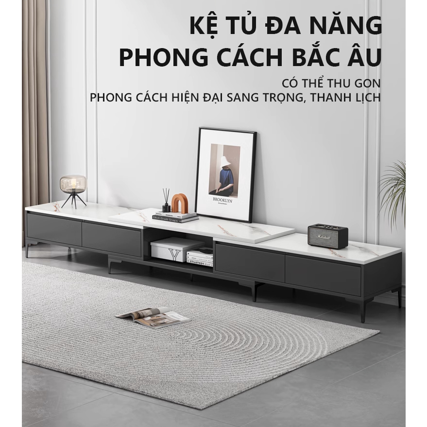 Kệ tivi thông minh điều chỉnh được kích thước từ 2m4 - 3m màu vân đá sang trọng thương hiệu UNLIMI - GP299