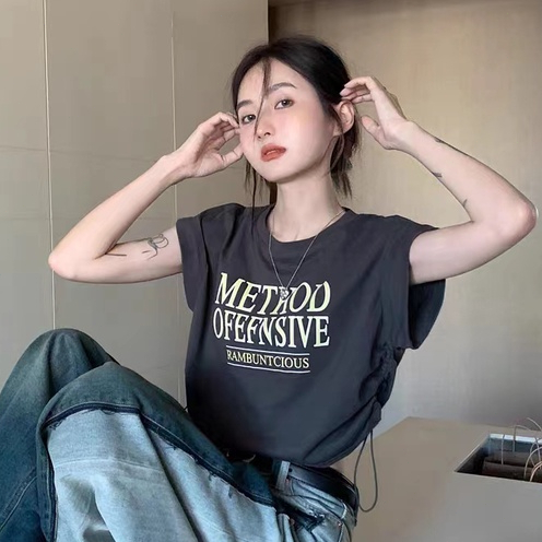 GgFashion Áo Thun Nữ Cổ Tròn In Hoa Văn, Tay Ngắn, Phong Cách Cổ Điển Và Thoải Mái, Dây Rút Phía Bên