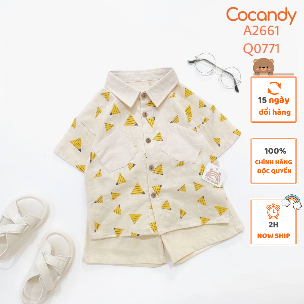 Set đồ cho bé -Áo cộc tam giác VÀNG phối 2 túi BE và Quần cộc BE túi ngang 2 cúc cho bé của COCANDY mã A2661, Q0771