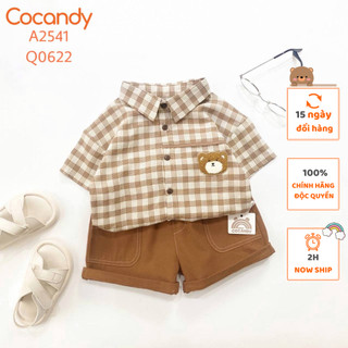 Set đồ cho bé -Áo cộc caro NÂU ngực hình gấu và Quần cộc kaki NÂU 2 túi kép cho bé của COCANDY mã A2541,Q0622
