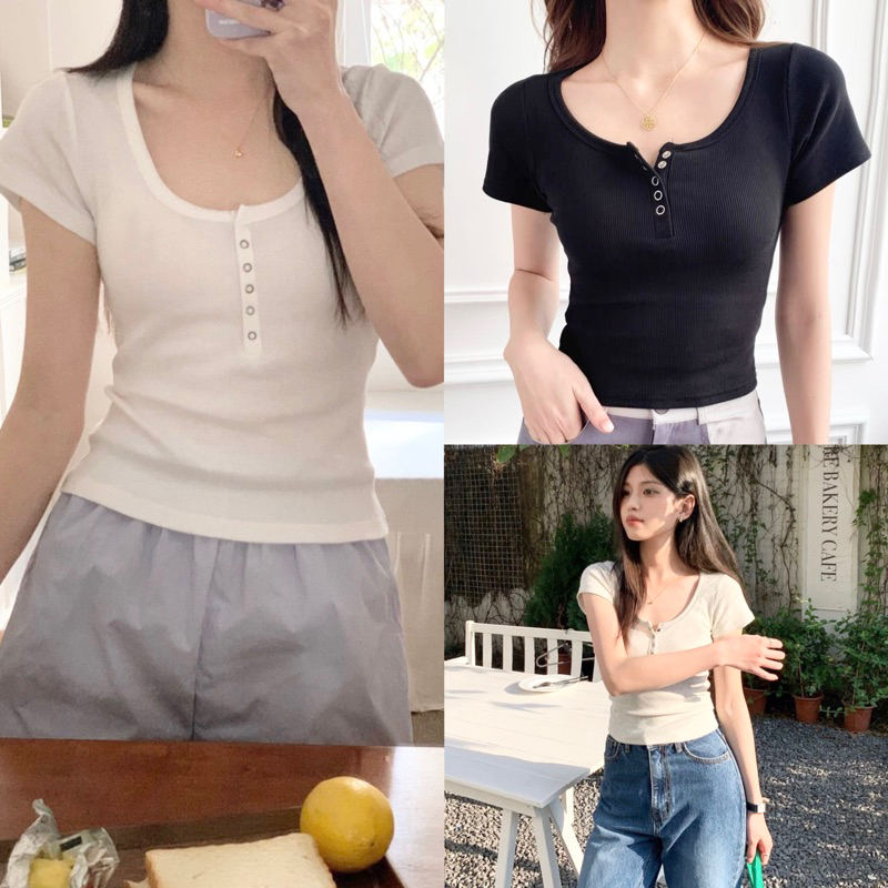 Áo thun nữ tay ngắn 5 cúc bấm chất thun gân Hàn Quốc - ENTYTY shop