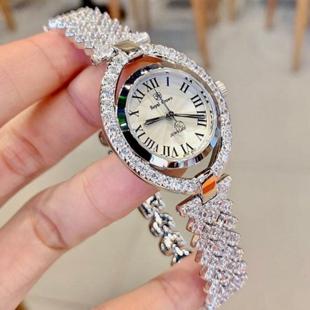 Đồng Hồ Nữ Royal Crown JAPAN WATCH Mặt Oval Thiết Kế Dây Kim Loại Đính Đá Quý Cao Cấp Size 26mm.