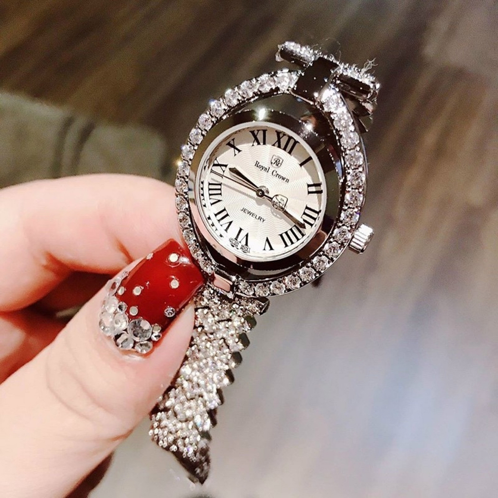 Đồng Hồ Nữ Royal Crown JAPAN WATCH Mặt Oval Thiết Kế Dây Kim Loại Đính Đá Quý Cao Cấp Size 26mm.
