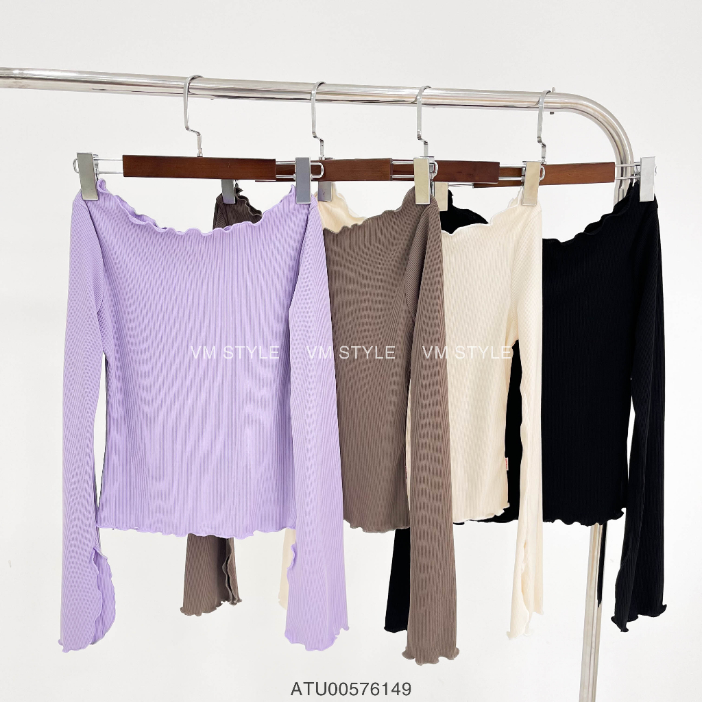 Áo kiểu tay dài nữ VMSTYLE form ôm ống tay loe trễ vai lai cuốn biên trơn đi học, đi chơi ATU00576
