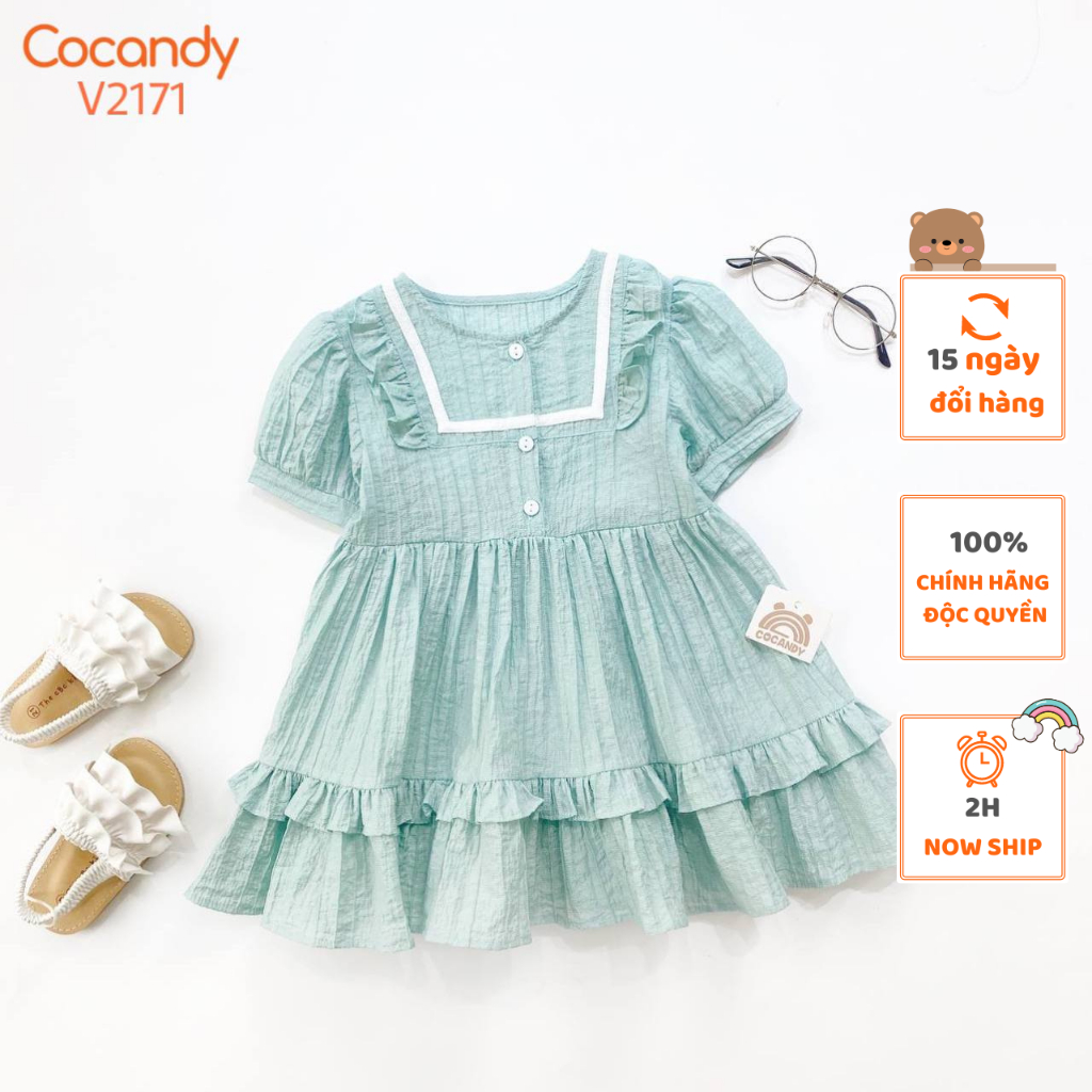 Váy cho bé -Váy cộc XANH phối bèo cổ viền TRẮNG cho bé của COCANDY mã V2171