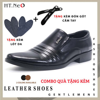 Giày lười nam da bò HT.NeO, Giày công sở nam mũi nhọn da trợn dập gân nổi giữa chống nhăn giữ phom tốt lịch lãm GDN4033