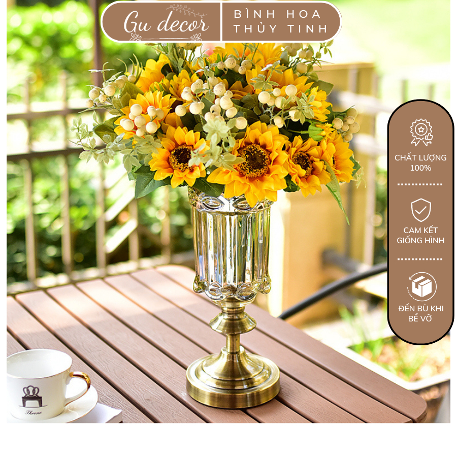Bình hoa thủy tinh đế kim loại gudecor, bình hoa decor phòng ngủ và trang trí phòng khách cao cấp