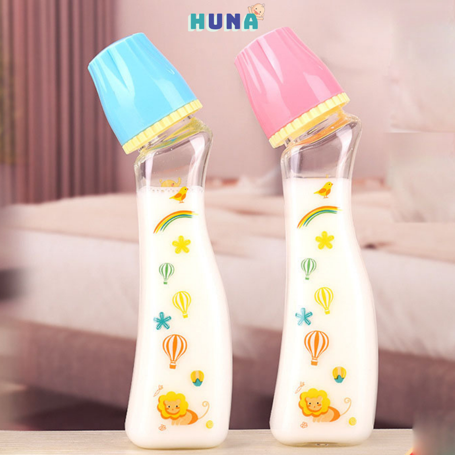 Bình sữa thủy tinh dáng cong 240ml chịu nhiệt an toàn cho bé , họa tiết dễ thương