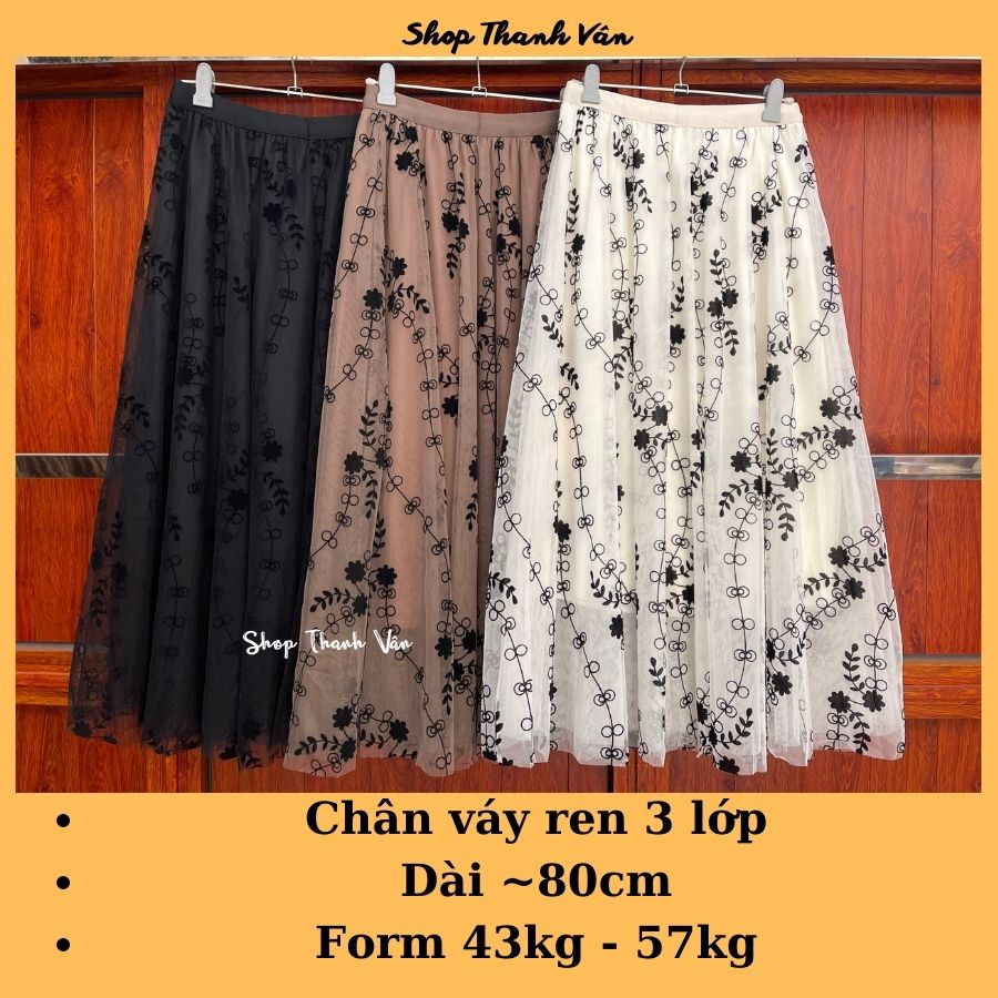 Chân váy ren xòe dáng dài họa tiết hoa dây dễ thương, váy 3 lớp lên form dáng trẻ trung, nhẹ nhàng