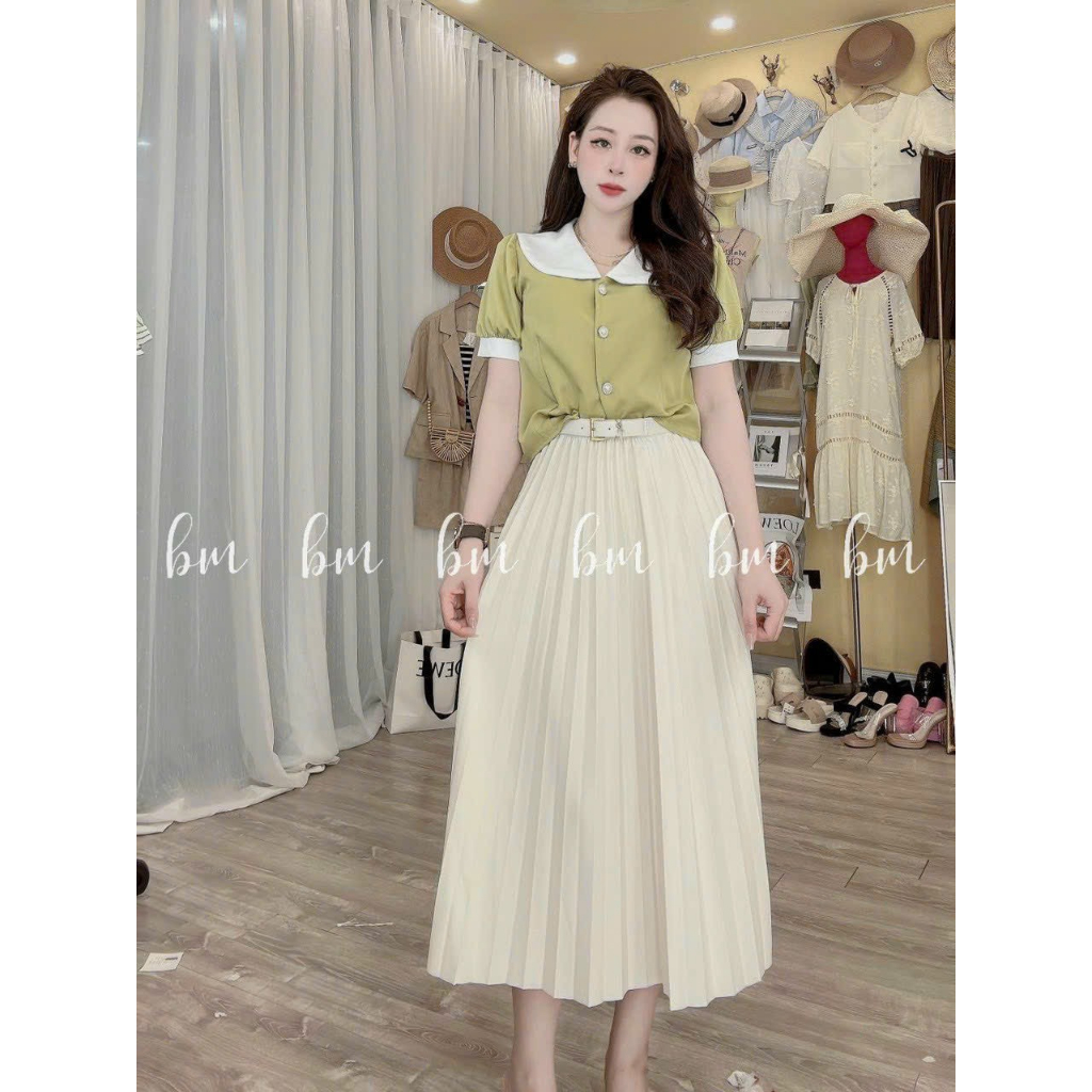 Chân váy xòe xếp ly dáng dài, cạp chun họa tiết chữ sang xinh mix đồ dễ thương, lịch sự TVLYVAIYSL
