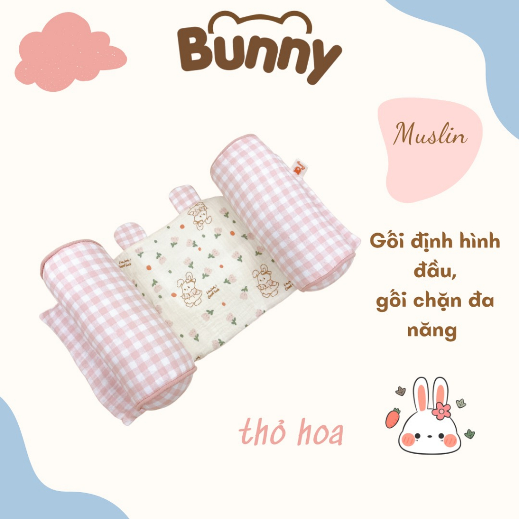 Gối chống bẹp đầu cho trẻ sơ sinh, gối định hình đầu cho bé kidsworld Bunny Xô Muslin Organic có thể làm gối chặn