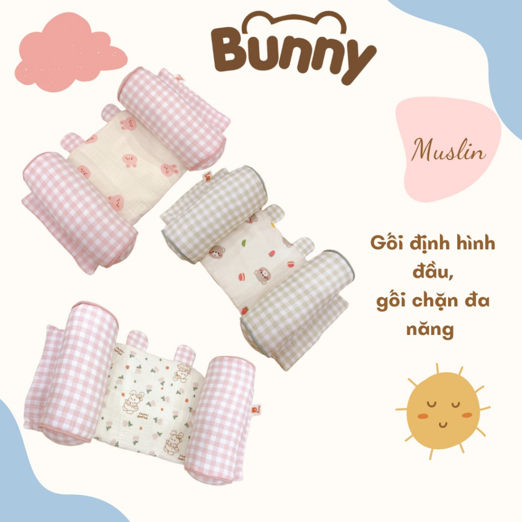 Gối chống bẹp đầu cho trẻ sơ sinh, gối định hình đầu cho bé kidsworld Bunny Xô Muslin Organic có thể làm gối chặn