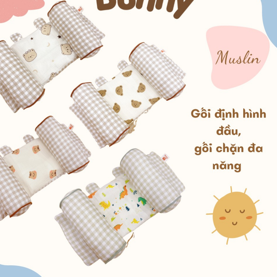 Gối chống bẹp đầu cho trẻ sơ sinh, gối định hình đầu cho bé kidsworld Bunny Xô Muslin Organic có thể làm gối chặn