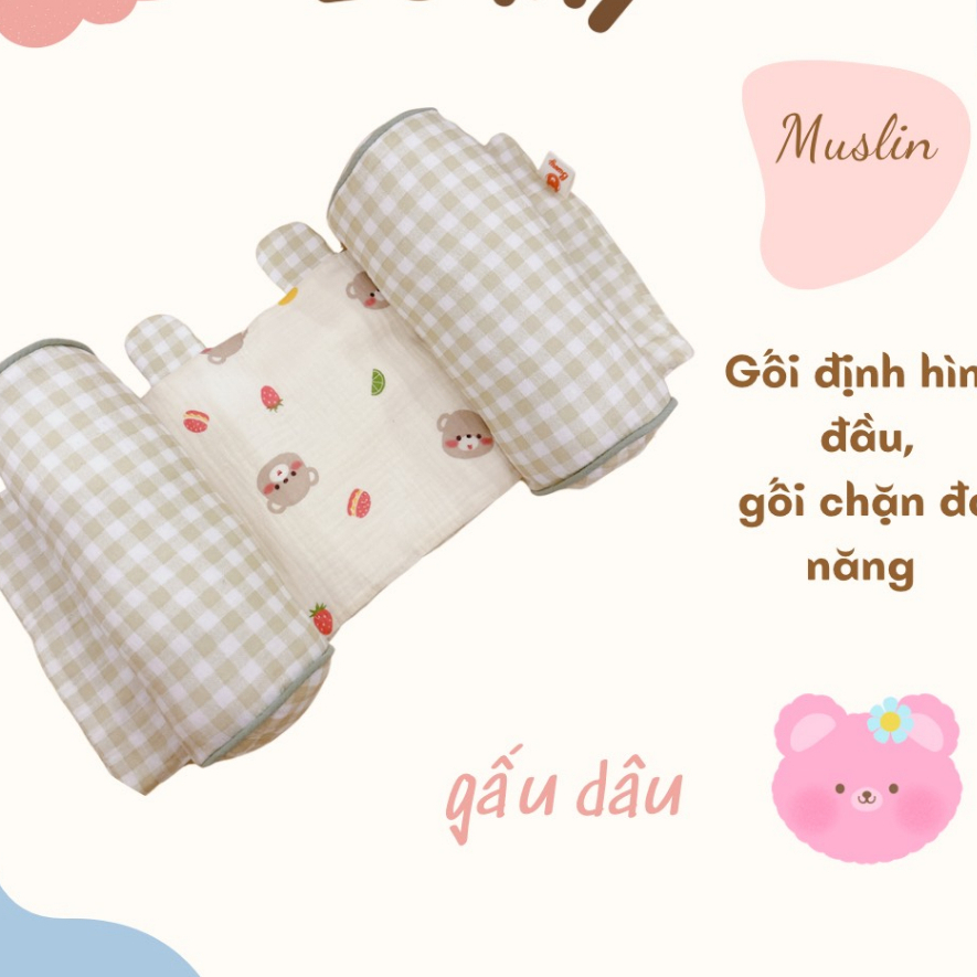 Gối chống bẹp đầu cho trẻ sơ sinh, gối định hình đầu cho bé kidsworld Bunny Xô Muslin Organic có thể làm gối chặn