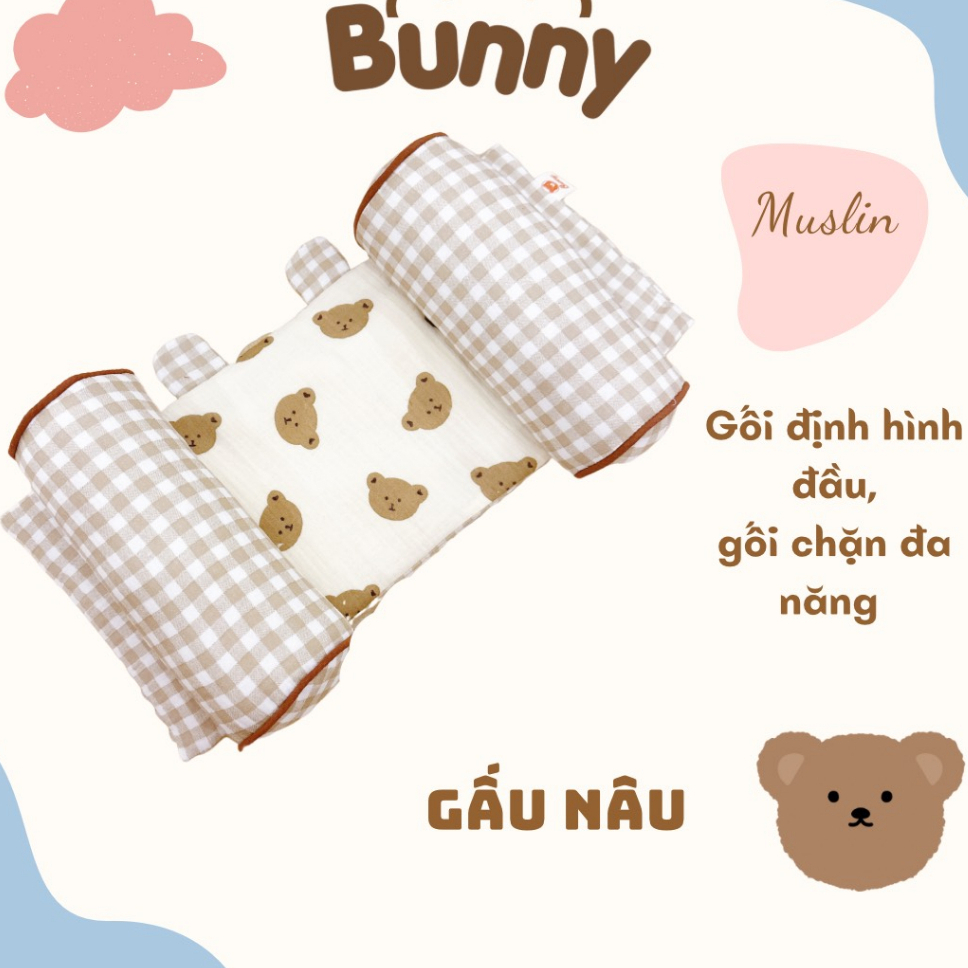 Gối chống bẹp đầu cho trẻ sơ sinh, gối định hình đầu cho bé kidsworld Bunny Xô Muslin Organic có thể làm gối chặn