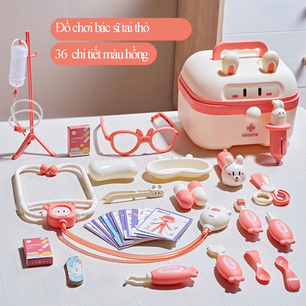 Đồ chơi bác sĩ cho bé, gồm hộp y tế, y tá, ống tiêm ống nghe dụng cụ trẻ em