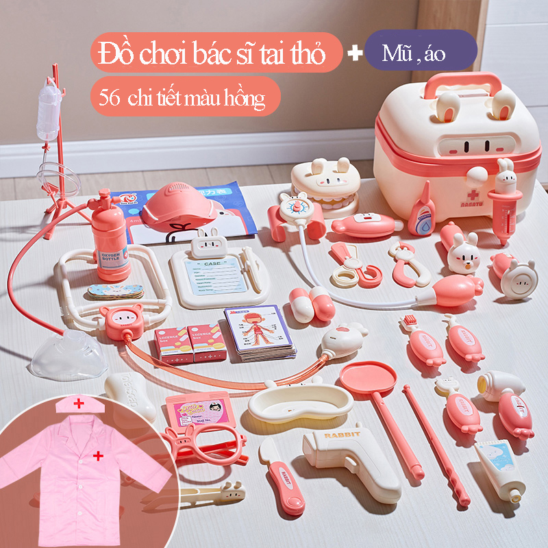 Đồ chơi bác sĩ cho bé, gồm hộp y tế, y tá, ống tiêm ống nghe dụng cụ trẻ em