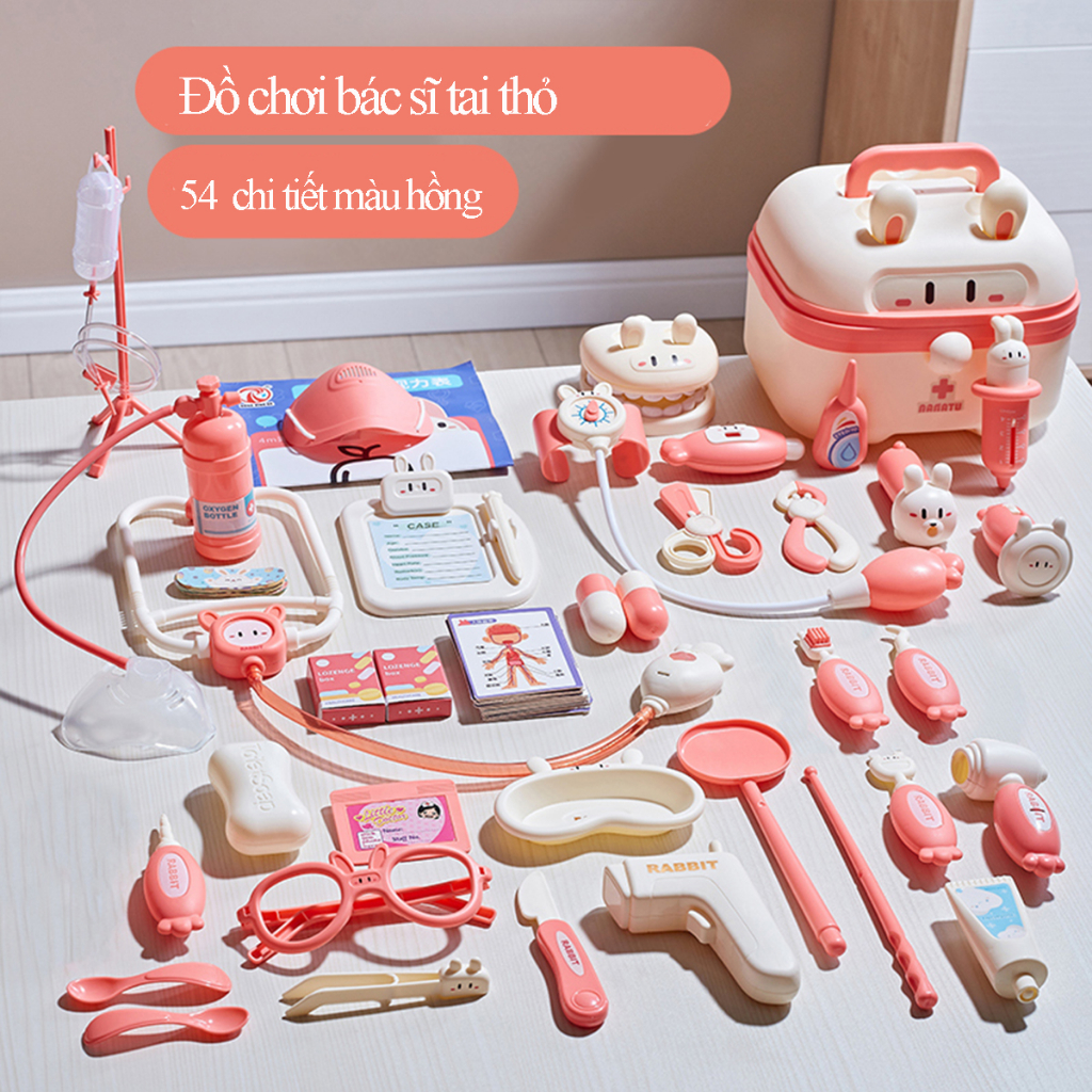 Đồ chơi bác sĩ cho bé, gồm hộp y tế, y tá, ống tiêm ống nghe dụng cụ trẻ em