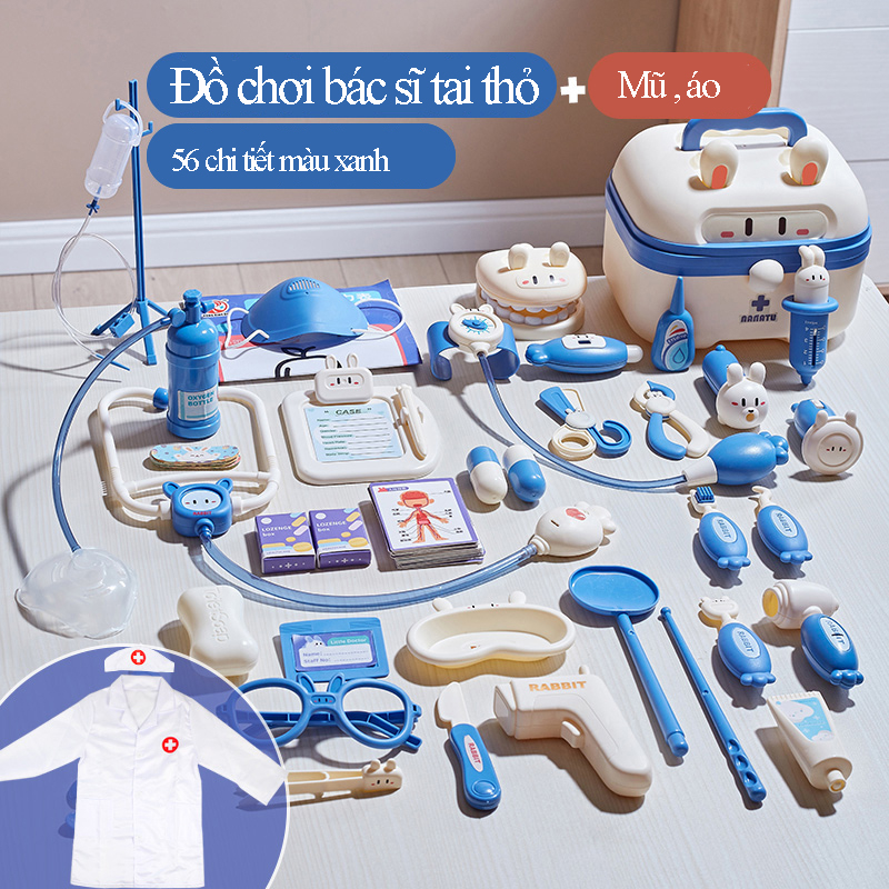 Đồ chơi bác sĩ cho bé, gồm hộp y tế, y tá, ống tiêm ống nghe dụng cụ trẻ em