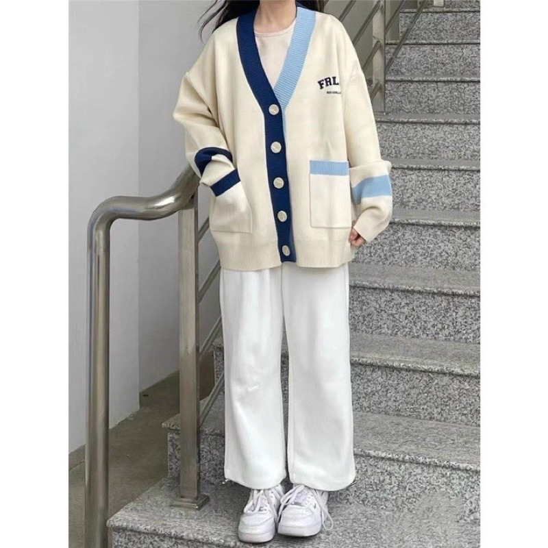 Cardigan Nỉ Bông Phối Viền Xanh Nâu - Áo Khoác Nỉ Be Viền Màu Unisex