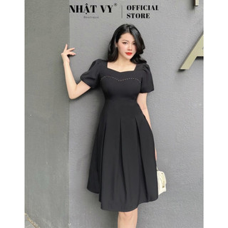 Đầm dự tiệc Nhật Vy cổ vuông ngực viền chỉ nổi chiết eo dáng xoè chất lụa phù hợp đi chơi công sở nhẹ nhàng - D2651