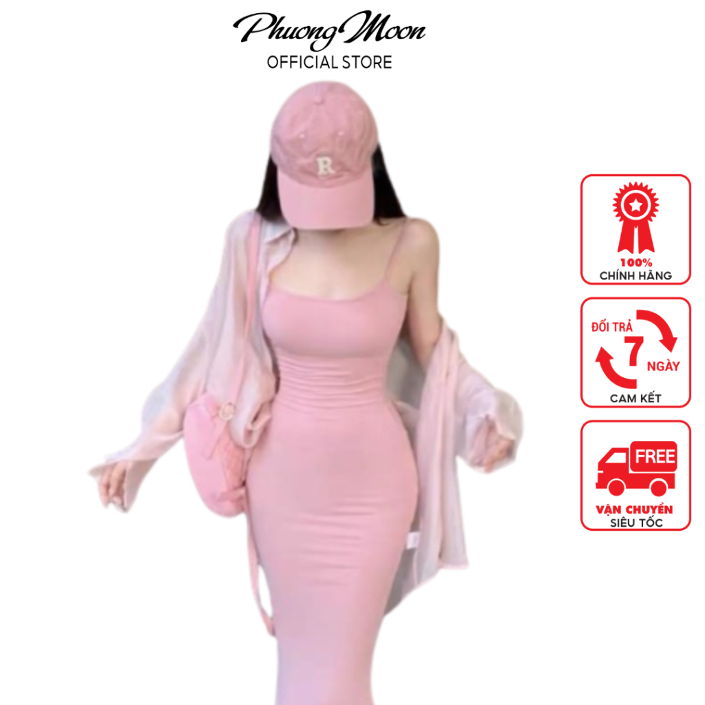 Đầm nữ body hai dây PHUONGMOON, thiết kế ôm mix áo choàng ngoài