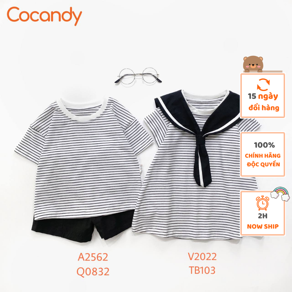 Set đồ cho bé -Áo thun cộc kẻ ĐEN viền TRẮNG và Váy thun cộc kẻ XANH viền TRẮNG cho bé của COCANDY mã A2562,V2022