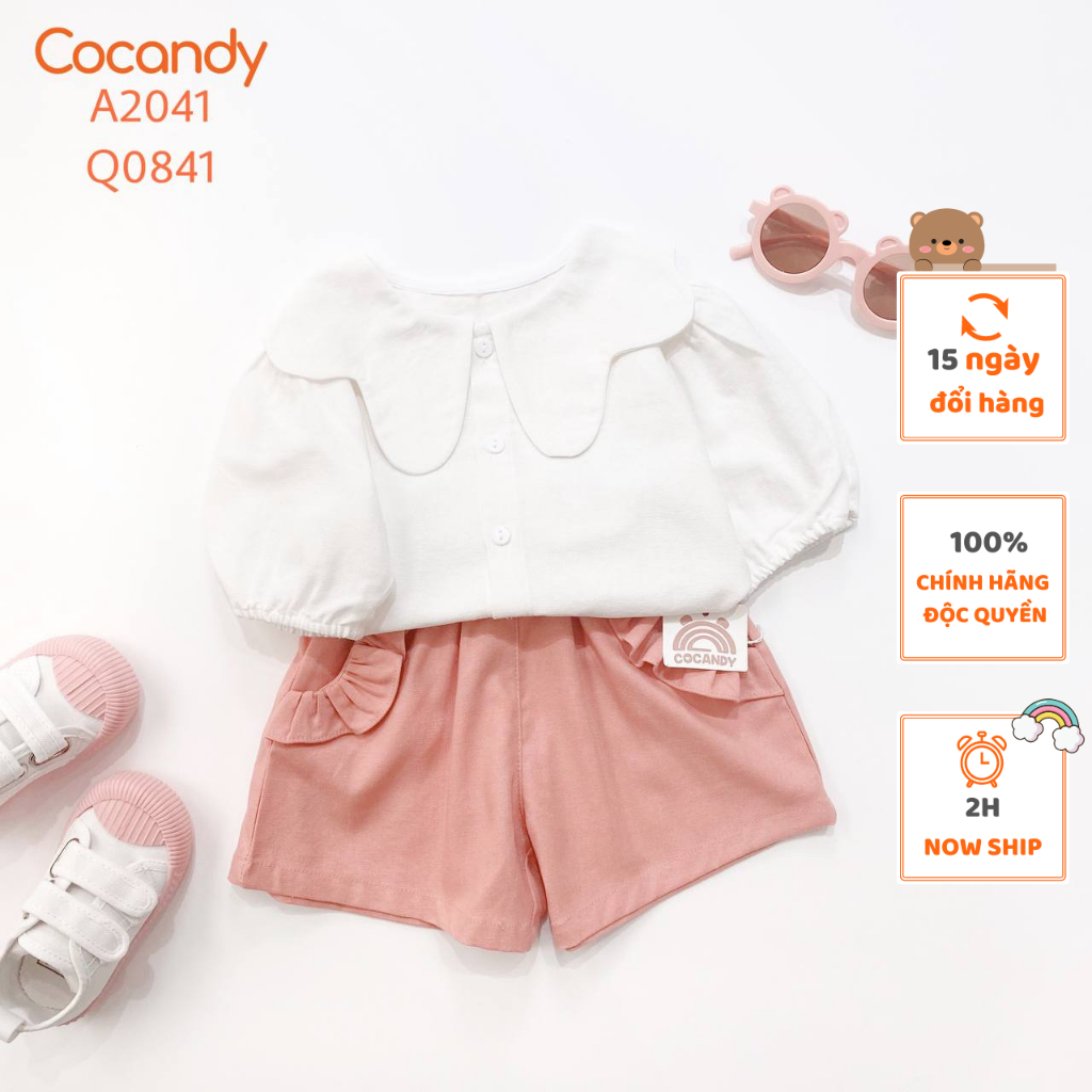 Set đồ cho bé -Áo cộc sơ mi TRẮNG cổ sóng và Quần cộc HỒNG túi bèo cạp nơ cho bé của COCANDY mã A2041,AB102100,Q0841