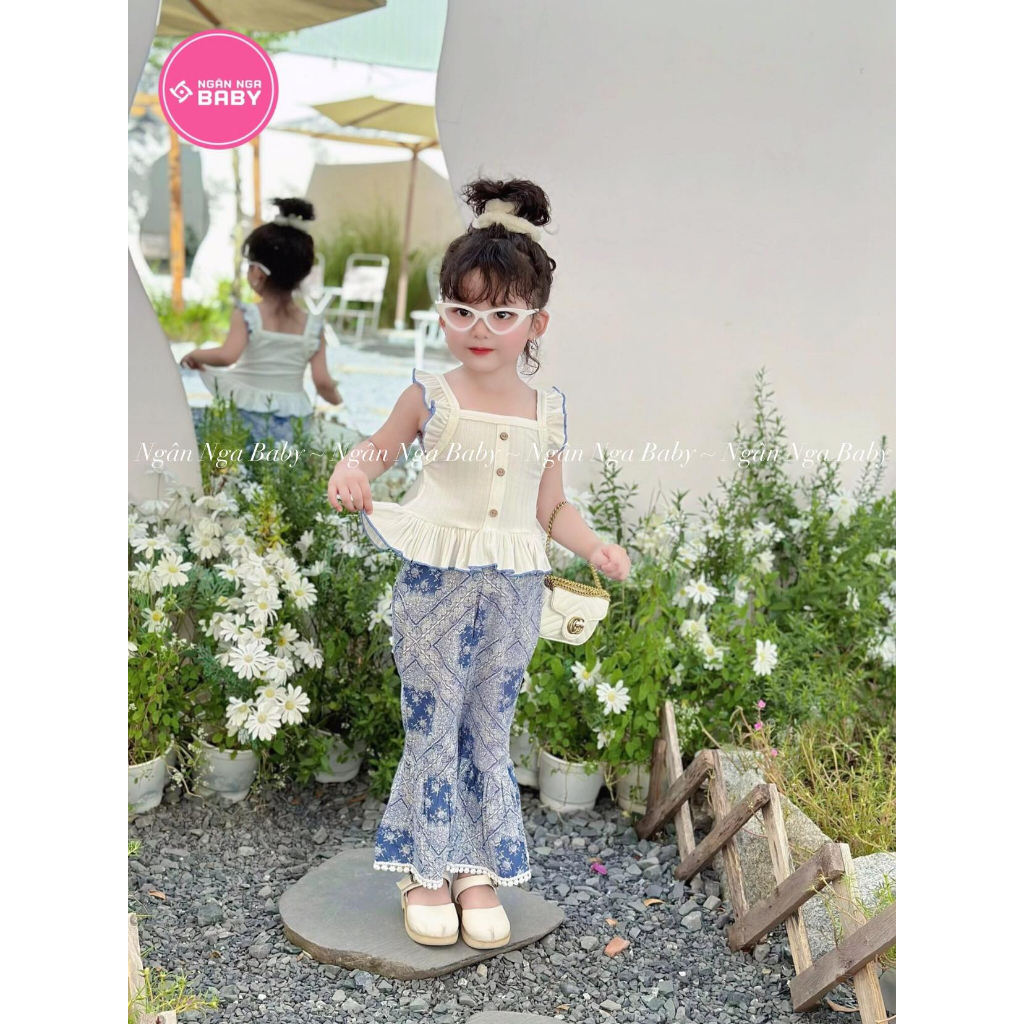 Set Bộ Thiết Kế Áo Trắng Bèo Cánh Tiên Kèm Quần Loe Tiểu thư Dễ Thương NGÂN NGA BABY