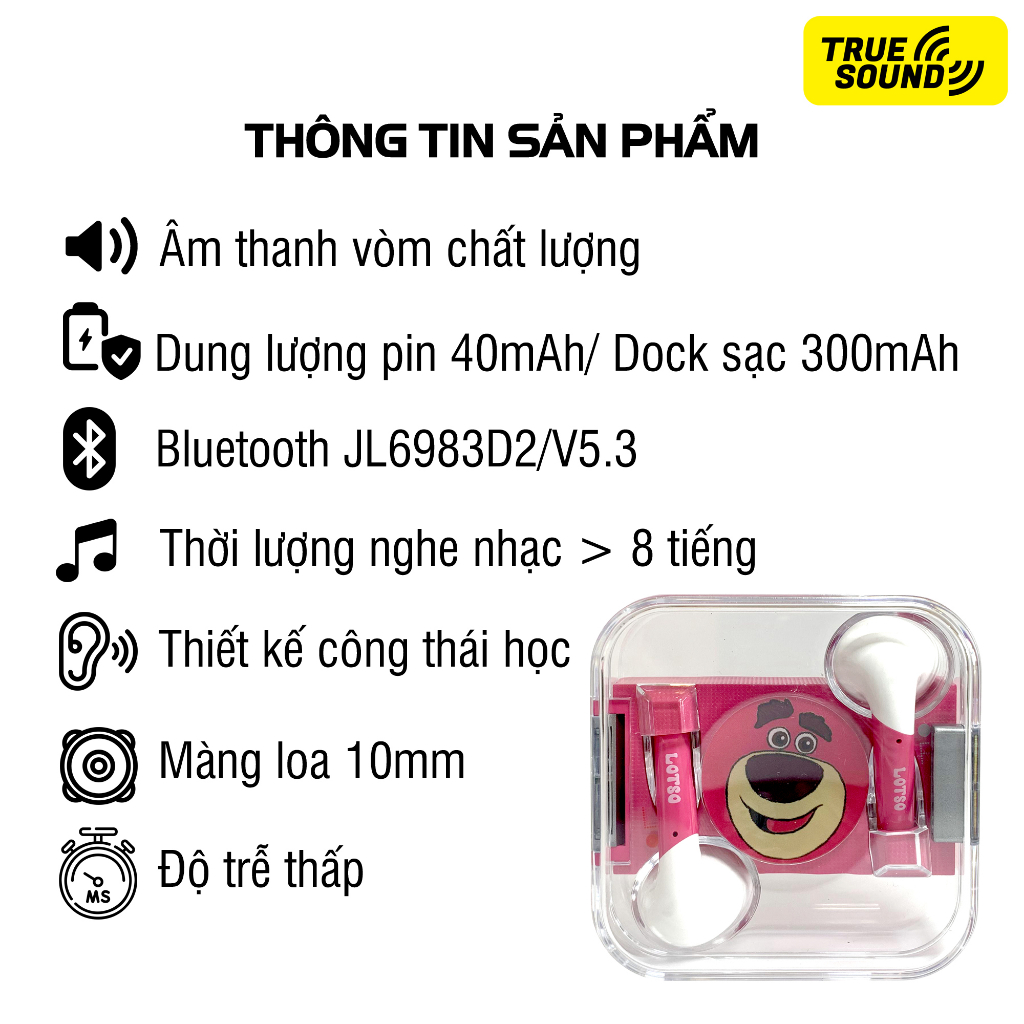 Tai nghe Bluetooth DISNEY TWS LK10 5.3V. Thiết kế ngộ nghĩnh; Giảm tiếng ồn. Chuẩn chống nước IPX4