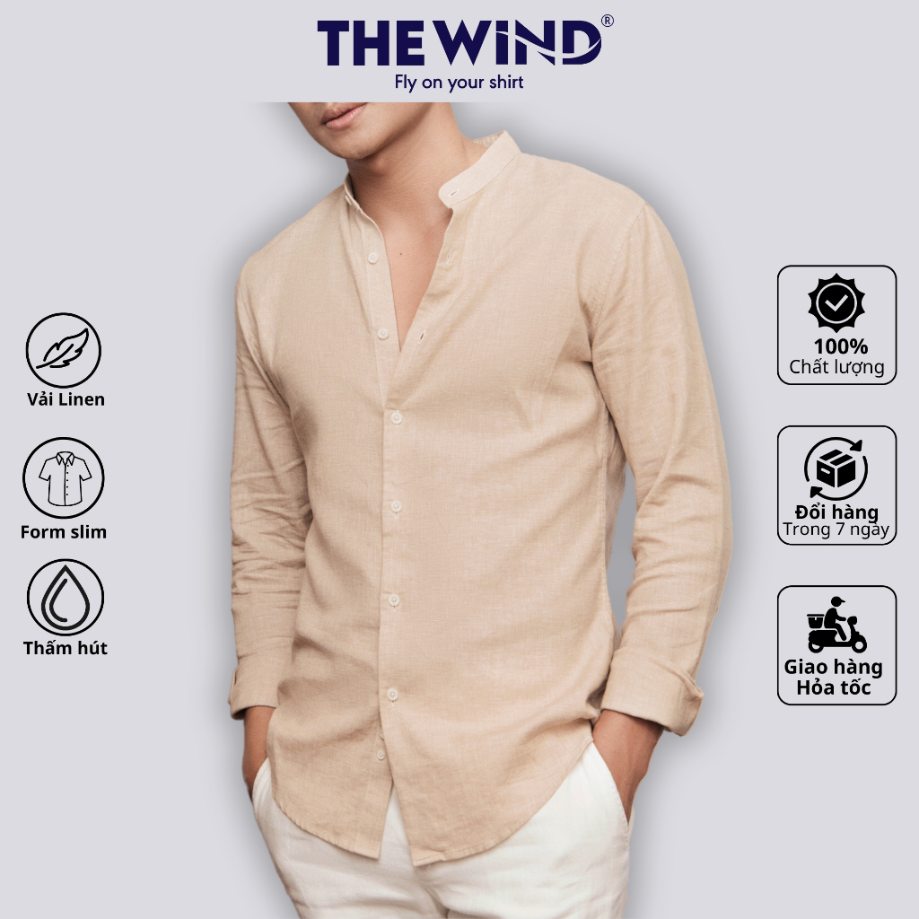 Áo sơ mi nam tay dài màu be THE WIND somi linen thoáng khí, thấm hút cao cấp AS23006D