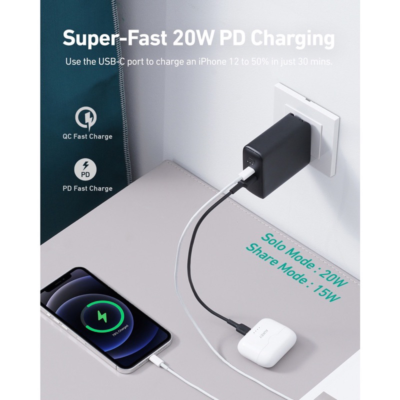 AUKEY PA-PD20 Củ Sạc nhanh 20W Sạc dự phòng 5000mah 2 trong 1 Type C PD3.0 US & EU & UK