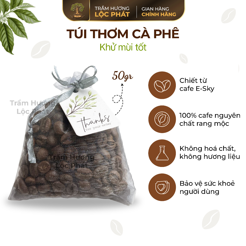 Túi thơm cà phê E-SKY coffee khử mùi ô tô, tủ lạnh, tủ quần áo, văn phòng, nhà ở bằng túi vải voan 50gr