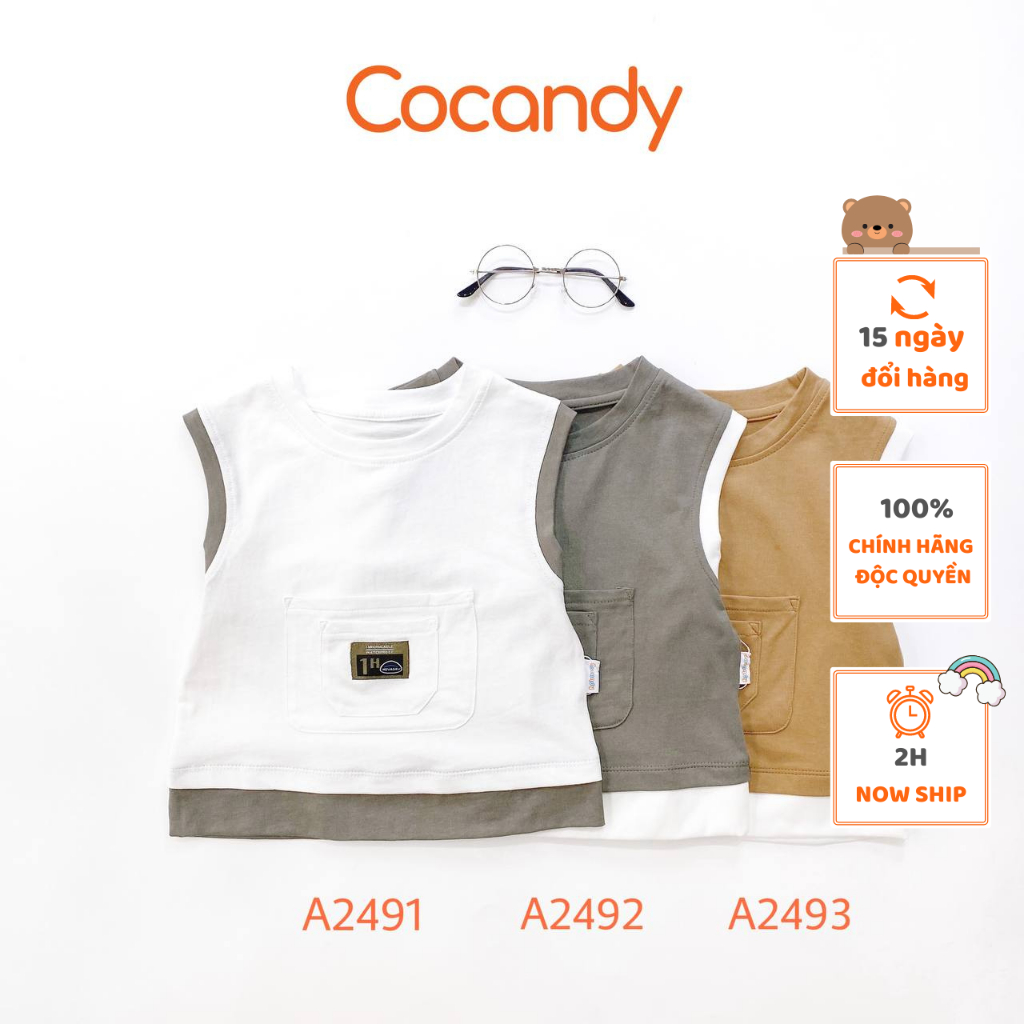 Set đồ cho bé -Áo sát nách GHI,NÂU phối TRẮNG 2 túi và Quần cộc kaki NÂU NHẠT 2 túi vuông của COCANDY mã A249,Q051