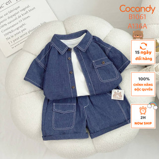 Set đồ cho bé -bộ cộc jean xanh đậm viền trắng và áo thun trắng cộc tay cho bé của cocandy mã b1061,a136a