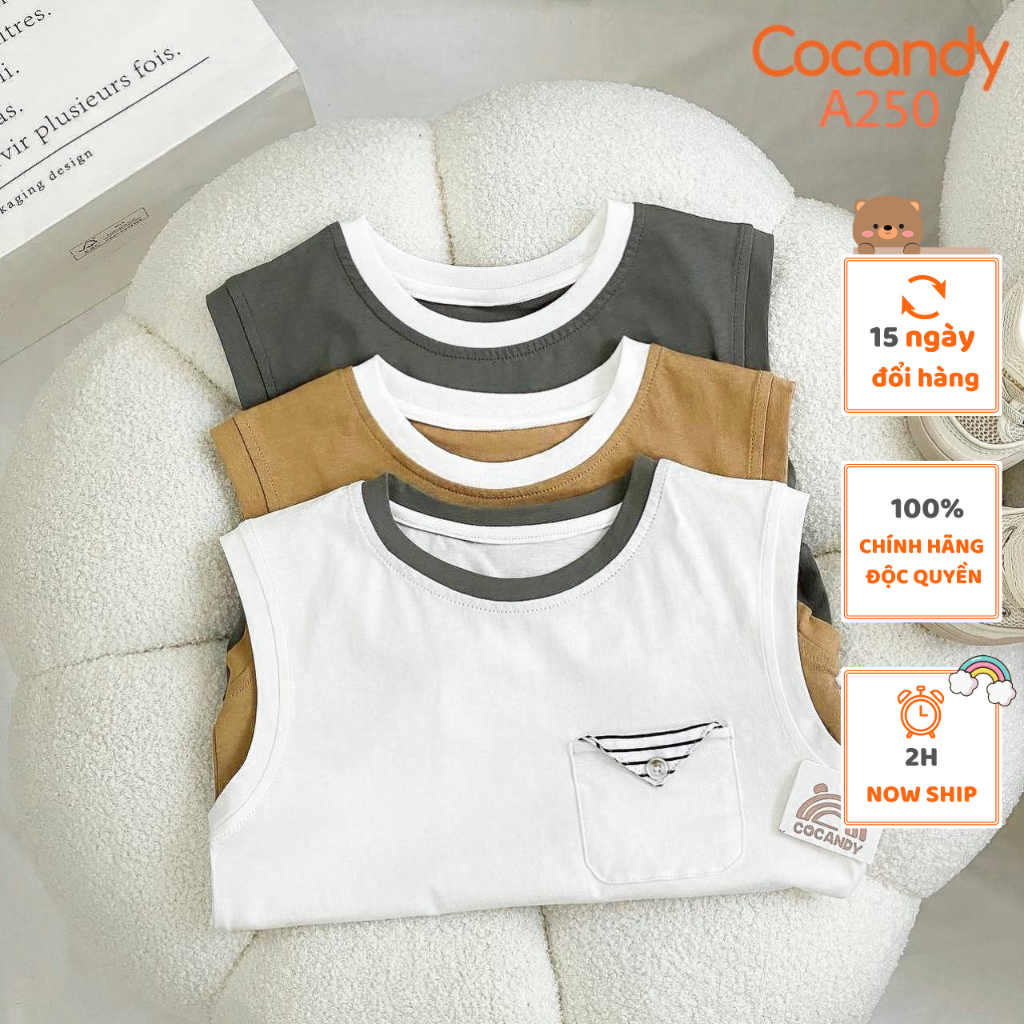 Áo cho bé- Áo sát nách TRẮNG, GHI, NÂU túi phối kẻ cho bé của COCANDY mã A2501,A2502,A2503