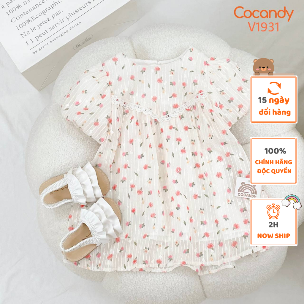 Váy cho bé -Váy cộc hoa HỒNG ngực ren tay bồng cho bé của COCANDY mã V1931