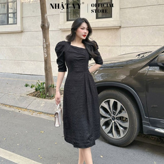 Đầm dự tiệc Nhật Vy tay lửng cổ cách điệu nhún ngực dáng xoè chất xốp thun phù hợp đi chơi du lịch sang chảnh - D2441