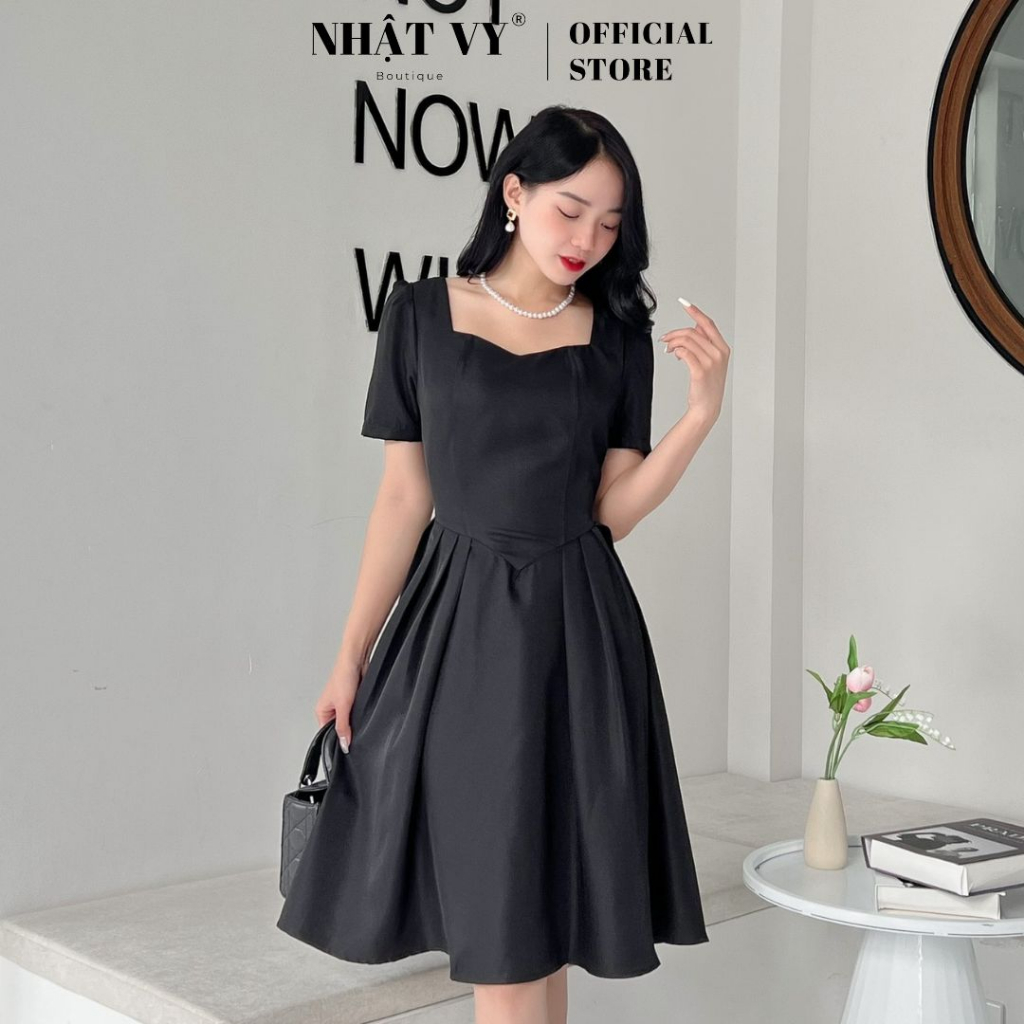 Đầm dự tiệc Nhật Vy cổ vuông dáng xoè xếp ly 2 bên chất cotton phù hợp công sở đi chơi sang chảnh - D2518