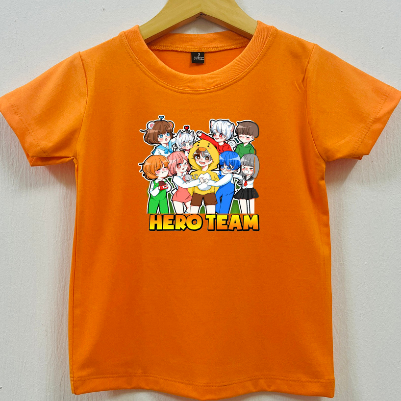 Áo thun màu bé trai và bé gái in hình Hero team, Áo thun mềm mịn, thấm hút mồ hôi cho bé từ 10 - 50kg