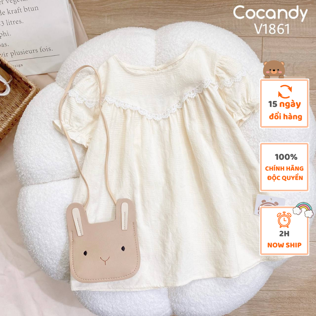 Váy cho bé -Váy cộc babydoll BE cổ ren TRẮNG cho bé của COCANDY mã V1861